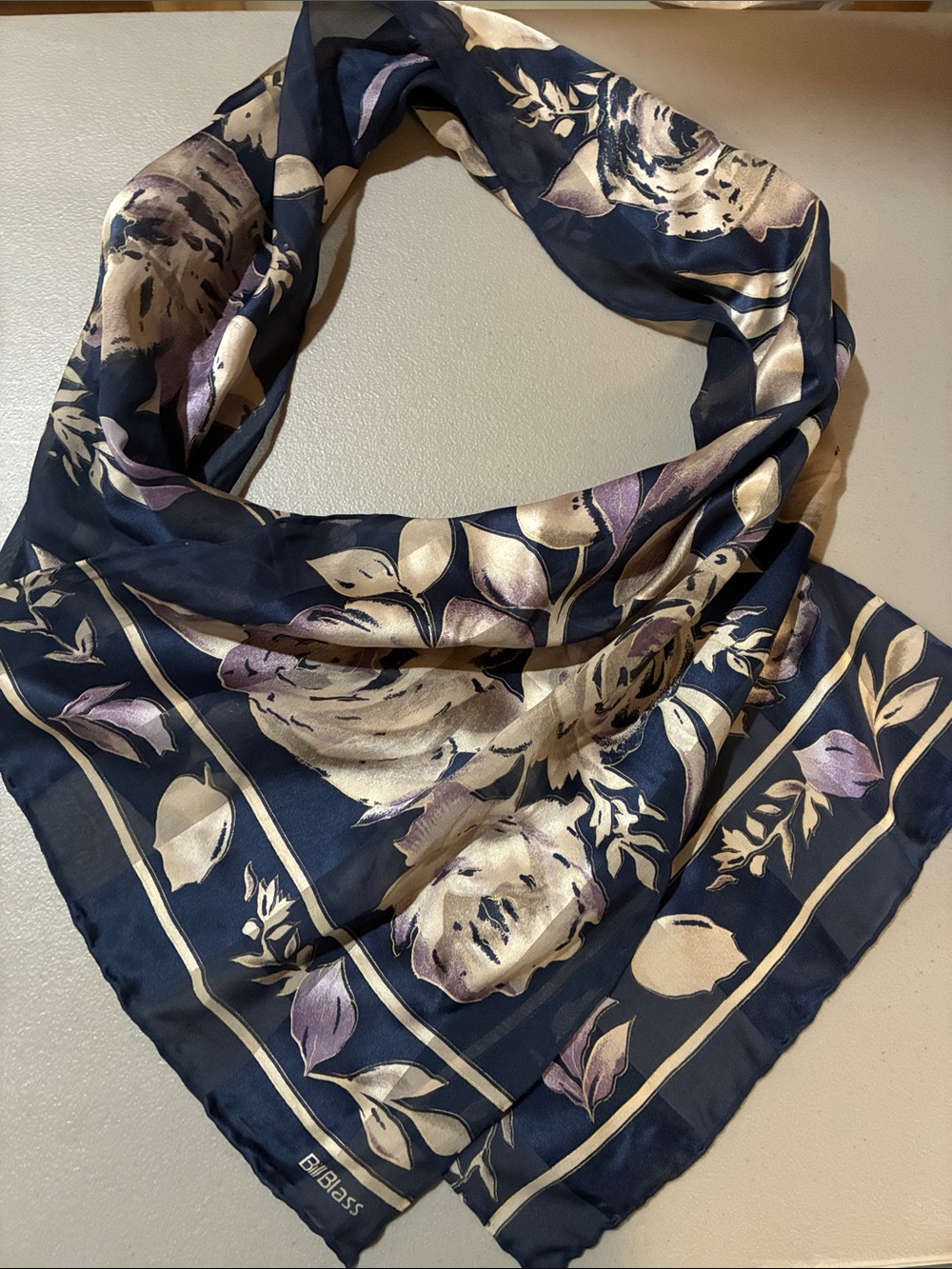 Bill Blass Navy Floral Satin Scarf - Navy, Cream & Lavender